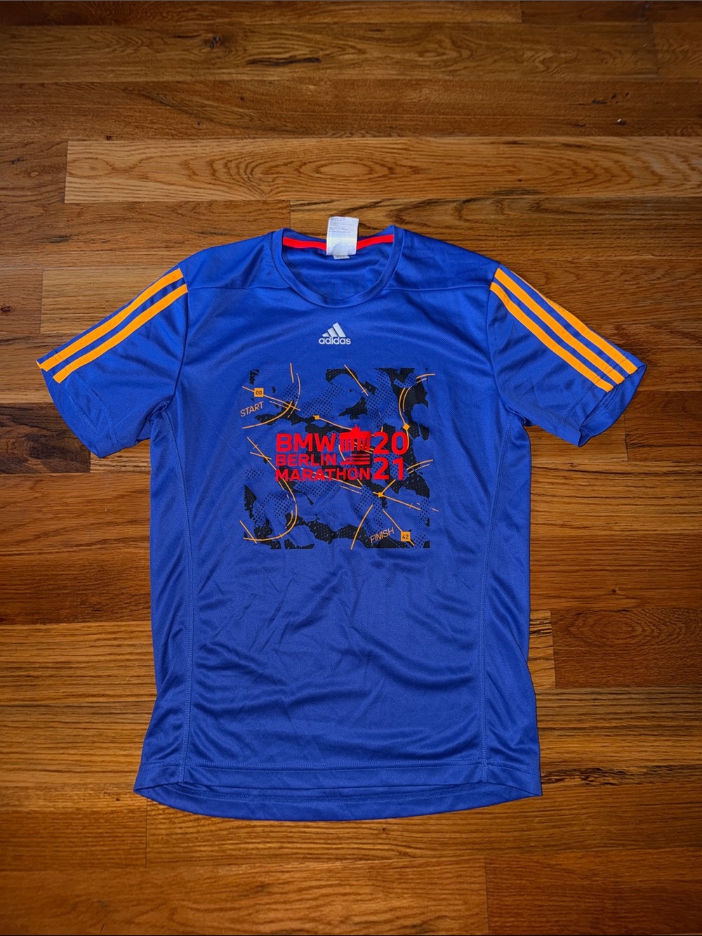 adidas Blue Short-Sleeve Berlin Marathon Tee with Orange Stripes XS
